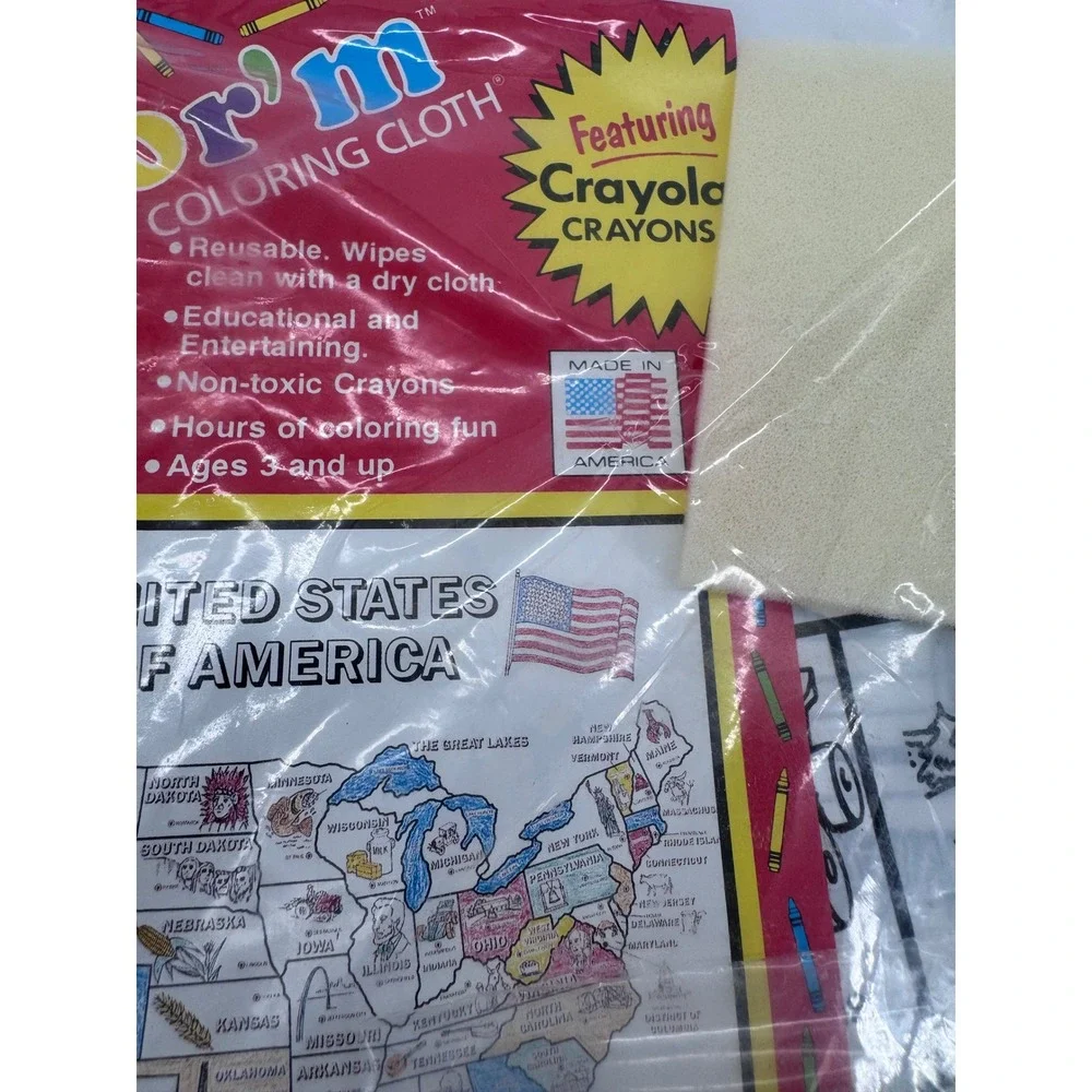 Educational Arts U Color'm Coloring Cloth Kids USA Map Crayons‎ Vintage 1993 New